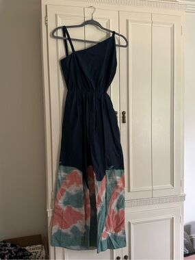 Jonathan Simkhai Navy One-Shoulder dress with Coral & Teal Hem